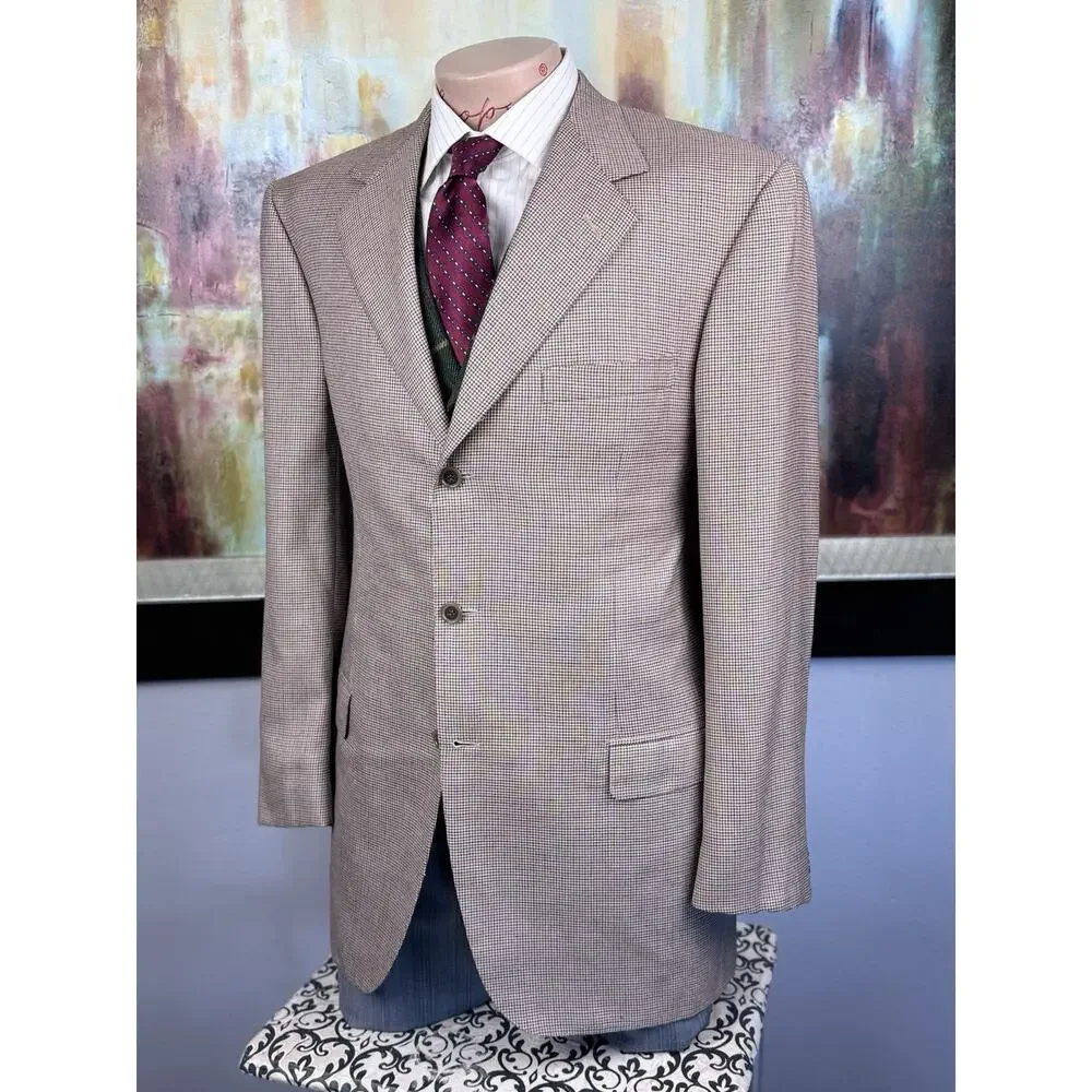 Brioni Nomentano Blazer 44L Cashmere Silk Cream Orange Houndstooth Sport Coat